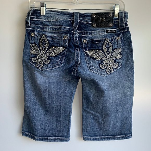 MISS ME Distressed Denim Fleur De Lis Bermdua Shorts Rhinestone Bling Size 27 - Picture 1 of 9